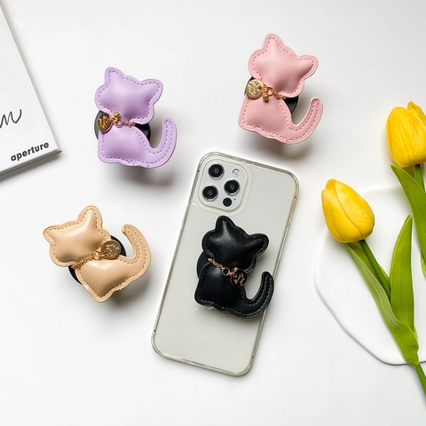 Katzenform Handy Griff PU Leder Faltbarer Ständer Klebestütze Mit Goldkette Und Glücksanhänger Für Mobiltelefon
