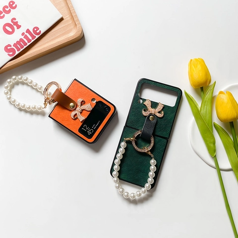 Folding Phone Case Litchi Pattern Faux Leather With Artificial Pearl Handle Strap Rhinestone Bow And Metal Ring Holder Cover