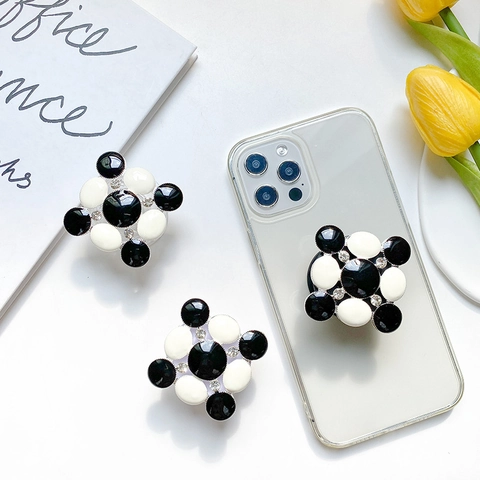 Supporto Per Cellulare Estensibile Design A Scacchi Bianco E Nero Fiore Geometrico Con Strass Supporto Universale