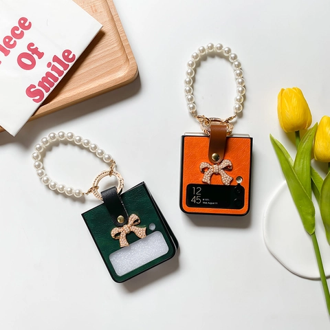 Folding Phone Case Litchi Pattern Faux Leather With Artificial Pearl Handle Strap Rhinestone Bow And Metal Ring Holder Cover