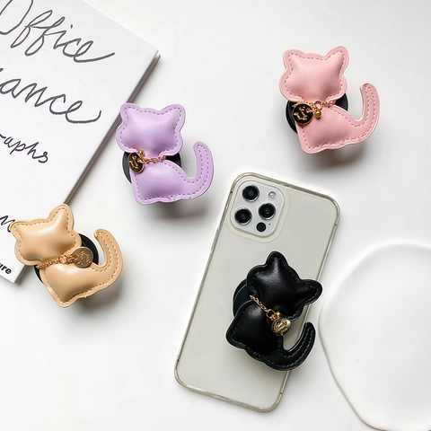Katzenform Handy Griff PU Leder Faltbarer Ständer Klebestütze Mit Goldkette Und Glücksanhänger Für Mobiltelefon