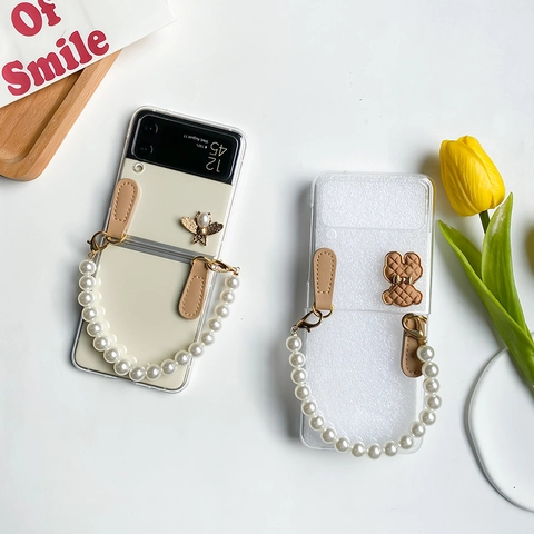 Foldable Phone Case Clear PC Shell With Faux Artificial Pearl Hand Chain 3D Bear Bee Decoration Fashion Sweet Accessory