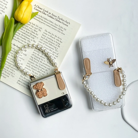 Foldable Phone Case Clear PC Shell With Faux Artificial Pearl Hand Chain 3D Bear Bee Decoration Fashion Sweet Accessory