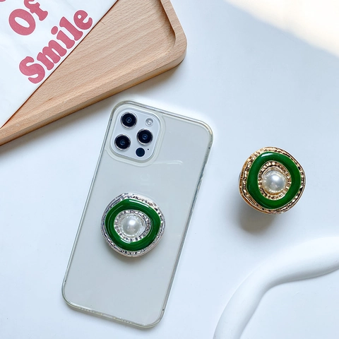 Supporto Per Telefono Retro Pieghevole Perla Artificial Bianca Smalto Verde Bordo In Metallo Stile Francese Vintage Per Tavolo