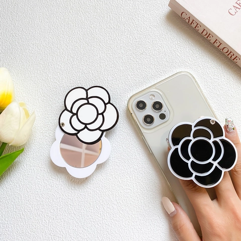 Camellia Bloem Telefoonhouder Met Ingebouwde Spiegel Opvouwbare Acryl Telefoonstandaard Zwart Wit Minimalistisch