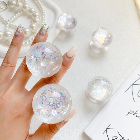 Transparent Round Pop Socket Phone Holder With Laser Star Shell Sequins Dreamy Aurora Crystal Ball Style Expandable Grip