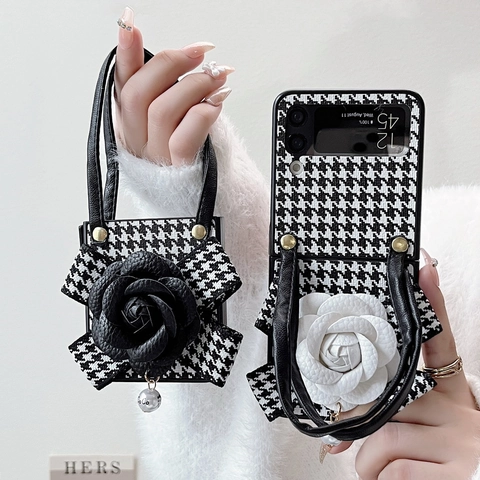 Houndstooth Camellia Folding Phone Case With Leather Hand Strap Fabric Protective Cover For Foldable Models Vintage Chic Style