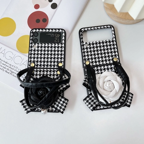 Houndstooth Camellia Folding Phone Case With Leather Hand Strap Fabric Protective Cover For Foldable Models Vintage Chic Style