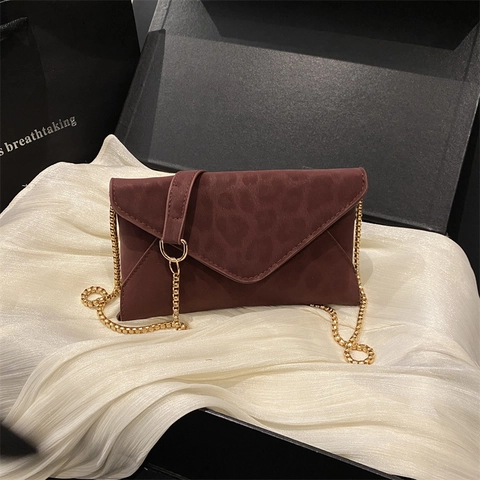 Women Leopard Print Envelope Crossbody Bag Suede Textured Clutch With Gold Chain Strap Evening Party Purse Fashion