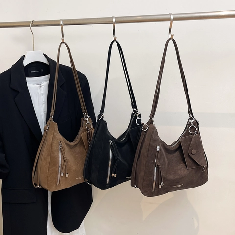 Bolso Hobo Retro De Cuero PU Mate De Gran Capacidad Para Mujer Bolso De Hombro Versátil Color Sólido Con Bolsa Colgante
