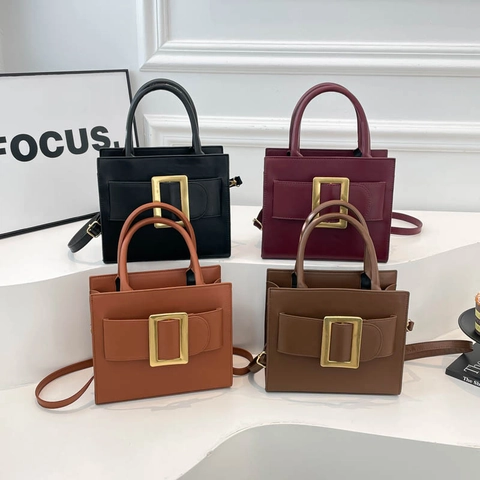 Bolso De Mano Retro De Cuero PU Para Mujer Hebilla Dorada Grande Bolso Bandolera Cuadrado Color Sólido Moda