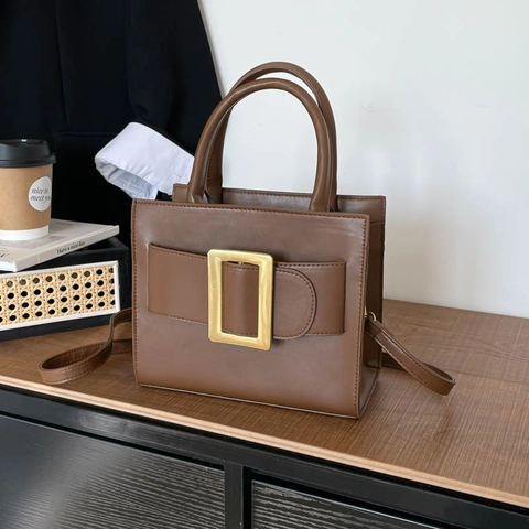 Bolso De Mano Retro De Cuero PU Para Mujer Hebilla Dorada Grande Bolso Bandolera Cuadrado Color Sólido Moda