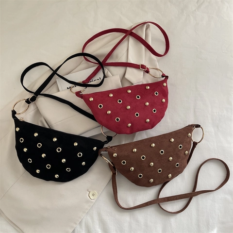Borsa A Spalla Mezzaluna Da Donna Scamosciata Borchie Punk Retro Tracolla Hardware Dorato Regolabile Elegante Chic