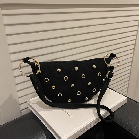 Borsa A Spalla Mezzaluna Da Donna Scamosciata Borchie Punk Retro Tracolla Hardware Dorato Regolabile Elegante Chic