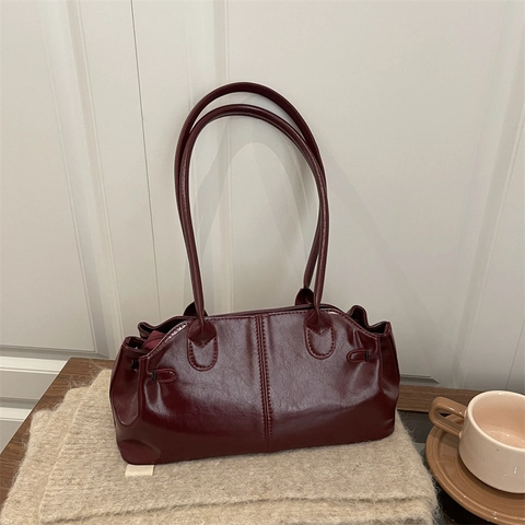 Retro Shiny PU Leather Underarm Shoulder Bag Large Capacity Solid Color Minimalist Commuter Tote Handbag For Women