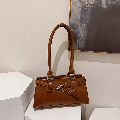 Vintage PU Leder Baguette Tasche Für Damen Minimalistische Achsel Schultertasche Mit Metallösen Schnalle Riemen Chic