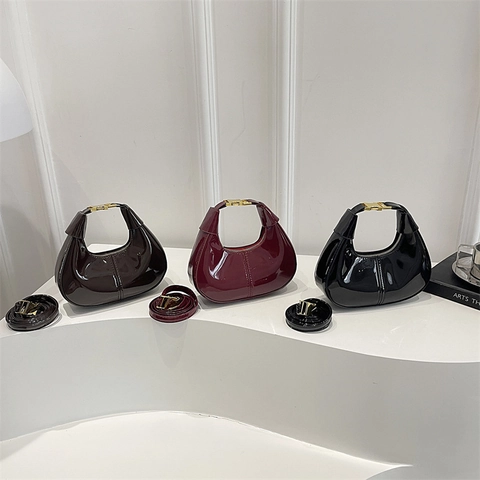 Trendy Women Patent PU Leather Hobo Shoulder Bag Crescent Minimalist Solid Color Underarm Bag Fashion Handbag Crossbody Bag