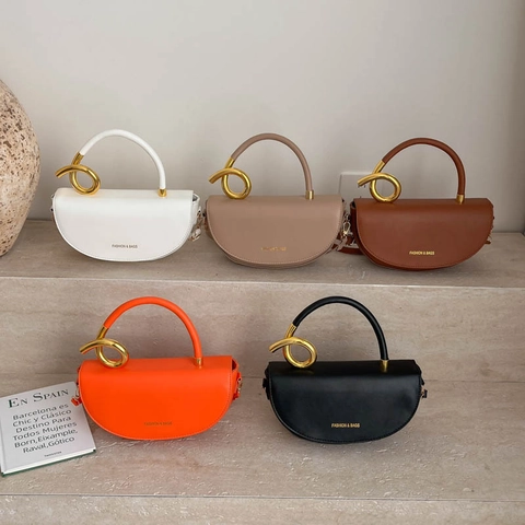 Bolso de Montura Semicircular de Cuero PU a la Moda para Mujer Bolso de Hombro Minimalista de Color Sólido Con Detalle de Anillo de Metal