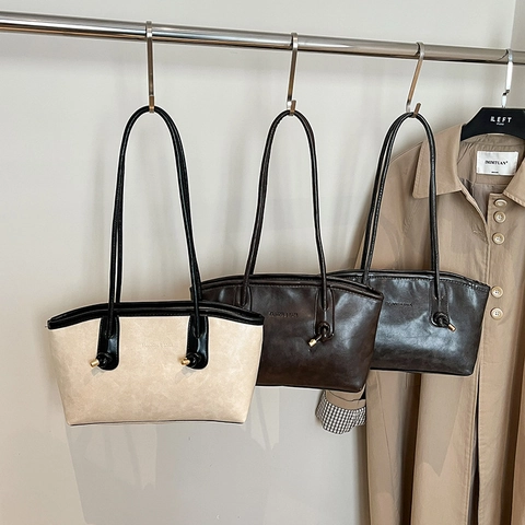 Vintage Women PU Leather Tote Bag Large Capacity Shoulder Handbag With Knot Decor And Metal Buckle For Daily Use