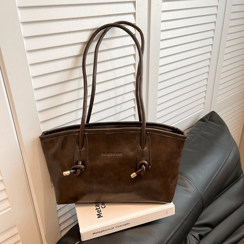 Vintage Women PU Leather Tote Bag Large Capacity Shoulder Handbag With Knot Decor And Metal Buckle For Daily Use