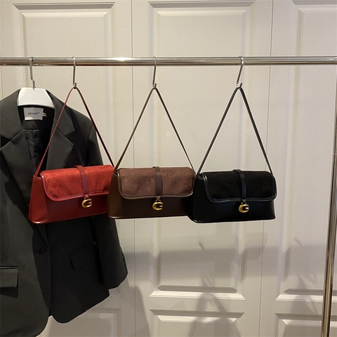 Retro Women Shoulder Underarm Bag PU Leather Suede Stitching Metal Buckle Flap Rectangular Elegant Daily Commute