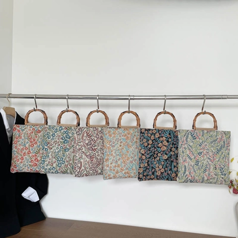 Borsa Tote Jacquard Floreale Retro Con Manico In Bambù Naturale Grande Capacità Borsa A Spalla Vintage Da Donna