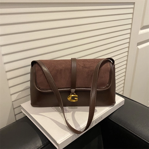 Retro Women Shoulder Underarm Bag PU Leather Suede Stitching Metal Buckle Flap Rectangular Elegant Daily Commute