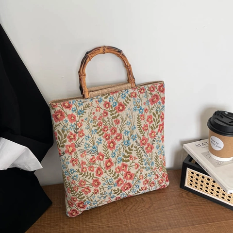 Borsa Tote Jacquard Floreale Retro Con Manico In Bambù Naturale Grande Capacità Borsa A Spalla Vintage Da Donna