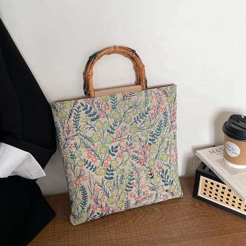 Vintage Floral Canvas Tote Bag With Bamboo Handle Large Capacity Korean Style Handbag For Women Daily Commute Shoulder Bag