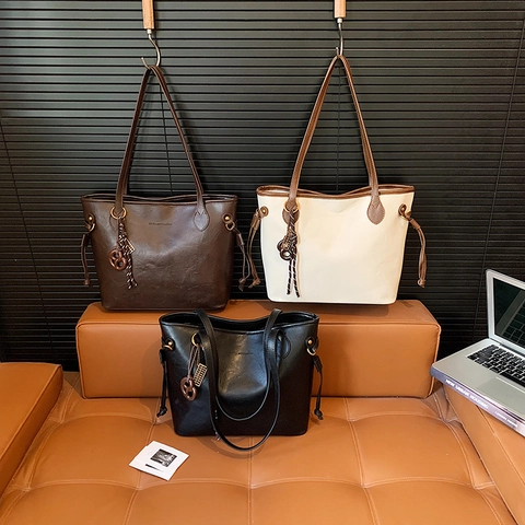 Bolso Tote De Gran Capacidad Cuero PU Vintage Color En Contraste Bolso De Hombro Para Mujer Viaje Diario Moda