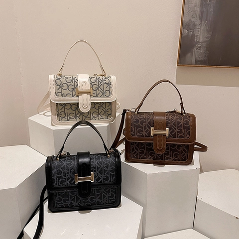 Borsa a Tracolla da Donna in Pelle PU Retrò con Monogramma Piccola Borsa Quadrata Alla Moda con Fibbia in Metallo a H