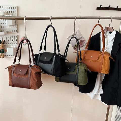 Damen Schultertasche Wildleder Patchwork Große Kapazität Handtasche Für Reisen Pendeln Lässig Vorne Klappentasche Reißverschluss