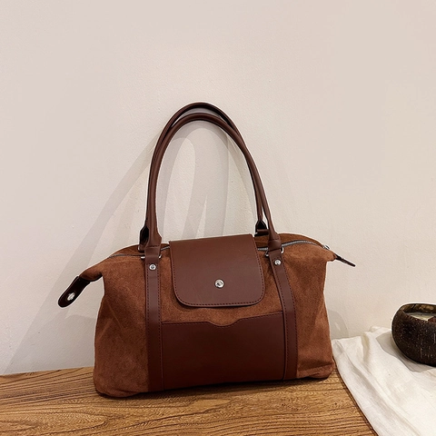 Vintage Grote Tote Bag Voor Dames Suède En Kunstlederen Splicing Handtas Met Voorvak Voor Woon-Werkverkeer En Reizen