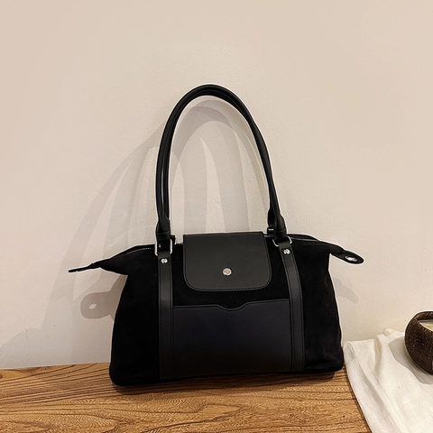Damen Schultertasche Wildleder Patchwork Große Kapazität Handtasche Für Reisen Pendeln Lässig Vorne Klappentasche Reißverschluss