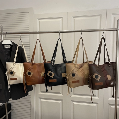 Retro PU Leather Tote Bag Large Capacity Contrast Color Patches Handbag For Women Vintage Commuter Office Shoulder Bag