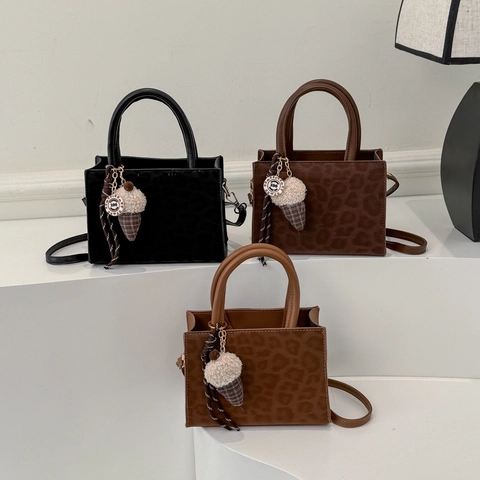 Handtas Met Luipaardprint PU Leer Schoudertas Crossbodytas Met Ijsje Hanger Retro Vintage Stijl Voor Dames