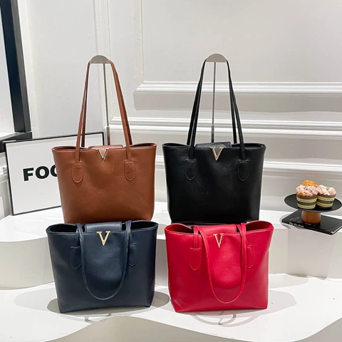 Große Tote Bag Damen Kunstleder Mit Lychee Muster Goldener Metall V Dekor Pendler Schultertasche Einfacher Stil