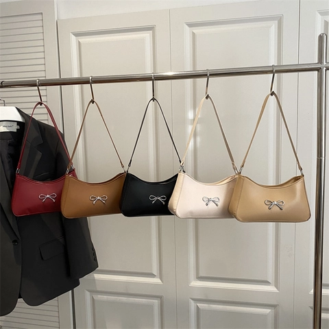 Underarm Shoulder Bag With Metal Bow PU Leather Solid Color Hobo Handbag For Women Vintage Fashion