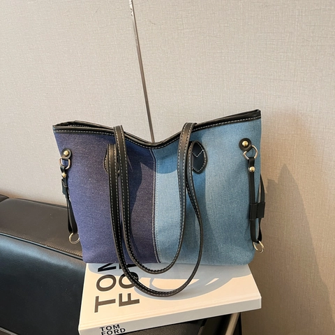 Τσάντα Tote Denim Patchwork Μεγάλη Χωρητικότητα Γυναικεία Casual Ώμου Χειρός Με Λουράκια Από Δέρμα PU Αντιπαρατιθέμενες Ραφές