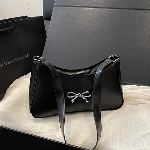 Underarm Shoulder Bag With Metal Bow PU Leather Solid Color Hobo Handbag For Women Vintage Fashion