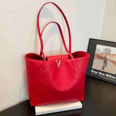 Große Kapazität Litchi Grain PU Leder Tragetasche V Metall Dekor Schulter Handtasche Lässig Pendeln Damen