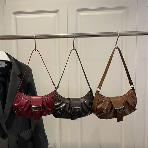 Vintage Δερμάτινη Τσάντα Hobo Με Πτυχώσεις Για Γυναίκες Niche Σχεδιασμός Τσάντα Ώμου Μασχάλης Με Μεταλλική Πόρπη Moto Style