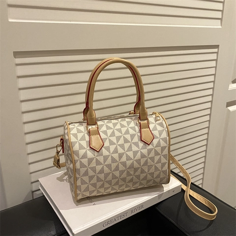 Retro Geometrisch Driehoekpatroon Boston Handtas Synthetisch Leer Cilinder Schouder Crossbody Tas Voor Dames Chique Elegant