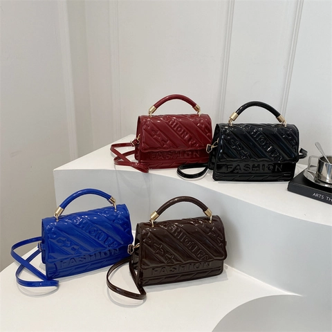 Fashion Women Glossy Patent Leather Handbag Quilted Embossed Lettering Crossbody Bag With Top Handle And Adjustable Strap