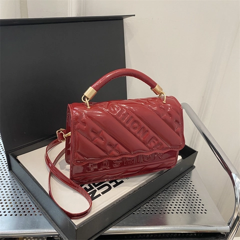 Fashion Women Glossy Patent Leather Handbag Quilted Embossed Lettering Crossbody Bag With Top Handle And Adjustable Strap