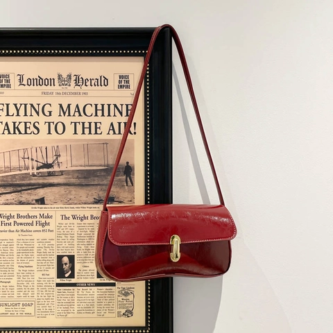 Bolso Baguette Vintage Francés de Cuero PU Mujer Bolso de Axila Brillante Con Cierre de Metal Elegante Bolso de Hombro