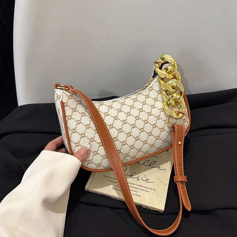 Borsa Sottobraccio Vintage con Monogramma da Donna Borsa a Tracolla in Tela e Pelle PU con Catena d'Oro Piccola Borsa Quadrata Hobo