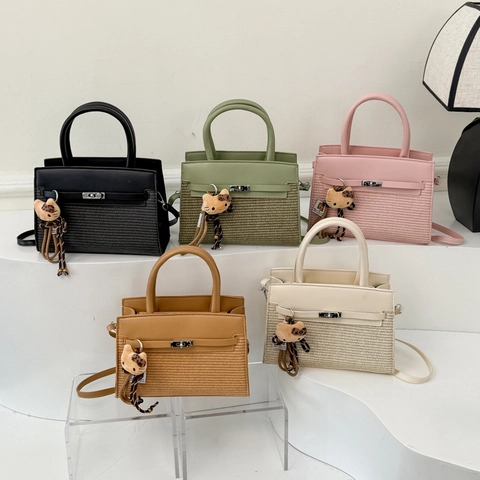 Women Handbag Retro PU Leather Woven Patchwork Crossbody Bag Metal Turn Lock Top Handle Elegant Minimalist Satchel