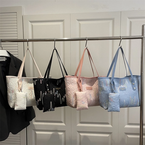 Sac Fourre-Tout Pour Femmes Et Pochette En Cuir PU Grande Capacité Broderie Ondulée Colorée Sac À Épaule Style Décontracté