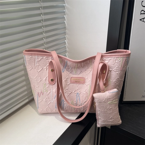 Grote Tote Tas Dames PU Leer Reliëf Textuur Kleurrijk Golf Borduurwerk Handtas Met Bijpassende Tas Casual